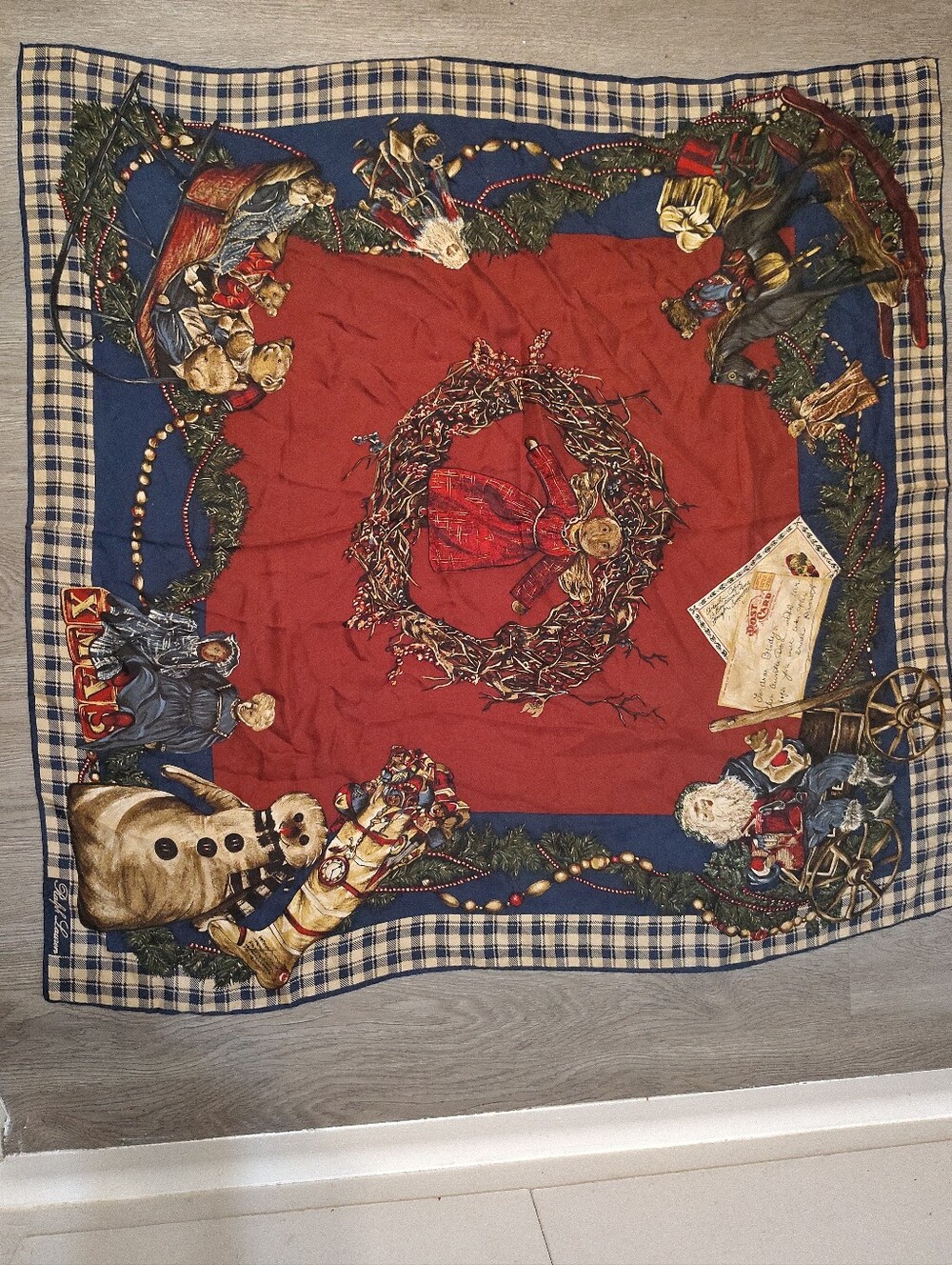 Vtg Ralph Lauren Christmas Scarf 100% Silk Holiday Wreath Teddy Bear Plaid RARE